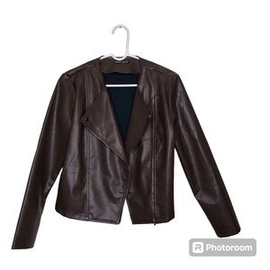 SHEIN Waterfall Collar Zip Front PU Leather Jacket, Chocolate Brown, Medium